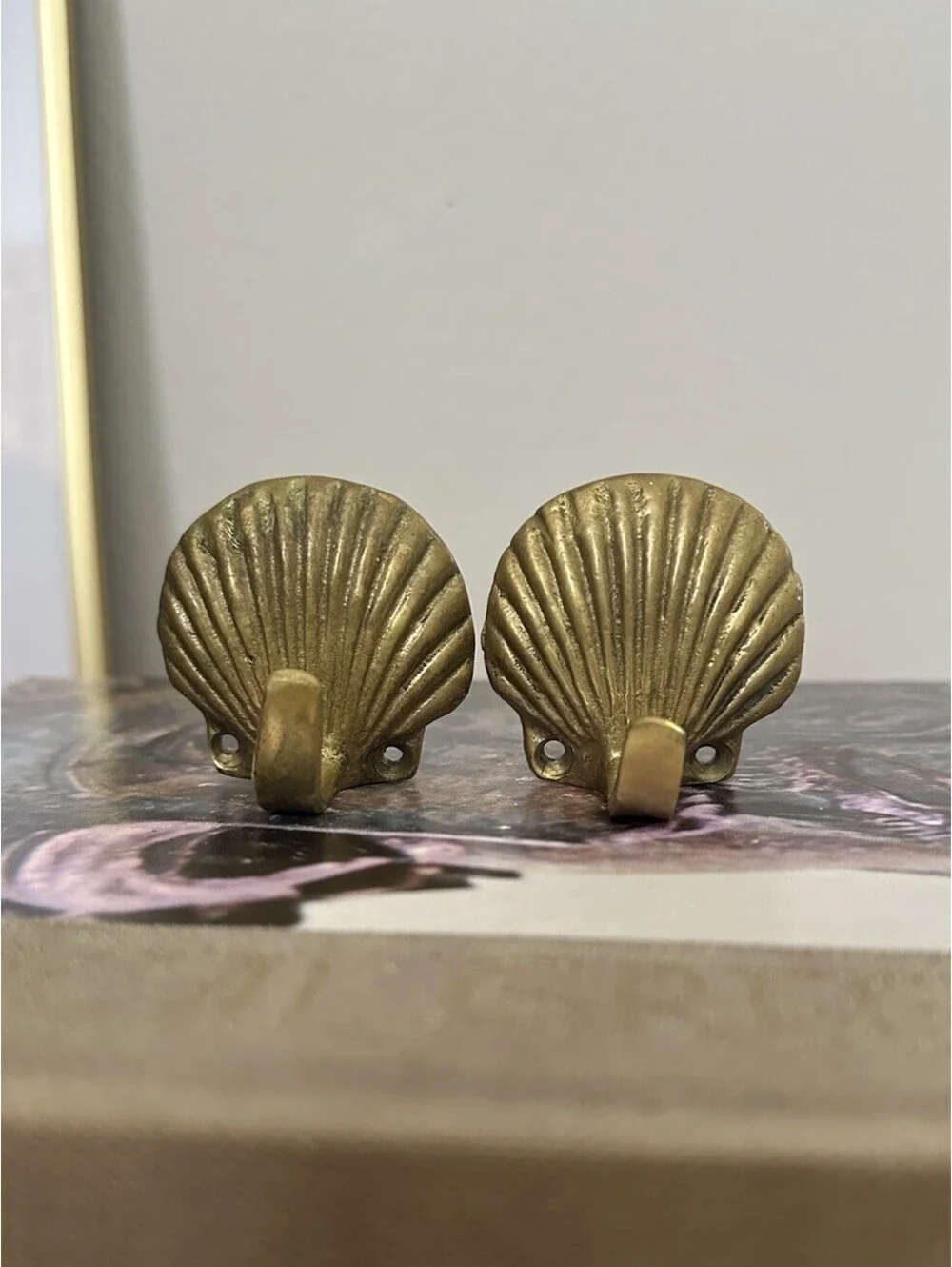 Vintage Pair Of Brass Seashell Wall Hooks Solid Brass Coastal Wall Mount Hooks
